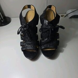 Coach Women's Black Leather Lace-Up Block Heel Sandals